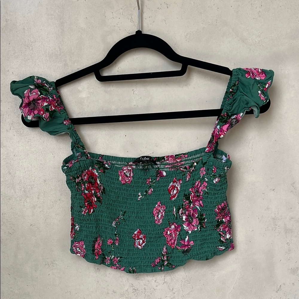 Lulus Green and Pink Smocked Floral Crop Top - Size M 🌿 On/Off Shoulder